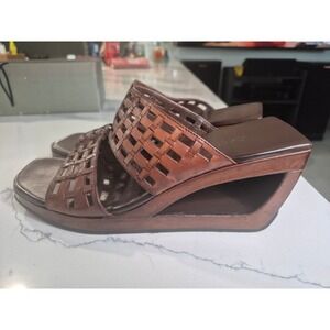Cole Haan Studio Brown Leather Woven Cutout Wedge Sandals Square Toe Slides